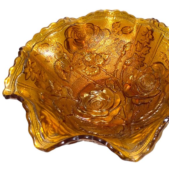 Vintage Imperial Glass Marigold Dish Bowl Ruffles Roses Floral Impressed - Picture 4 of 5
